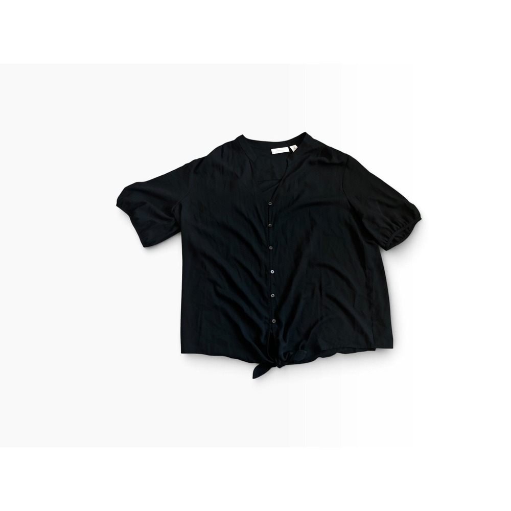 Chico's Button Down Blouse Size 2 Black Tie Front Short Sleeve Puff Shoulder